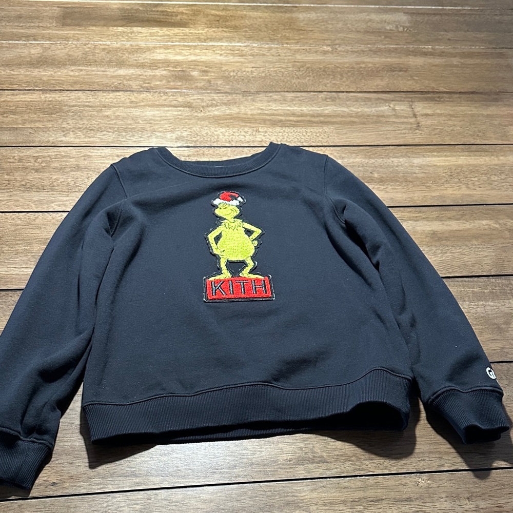 Kith Black Crewneck with Big Grinch Embroidery For Kids (Grinch)